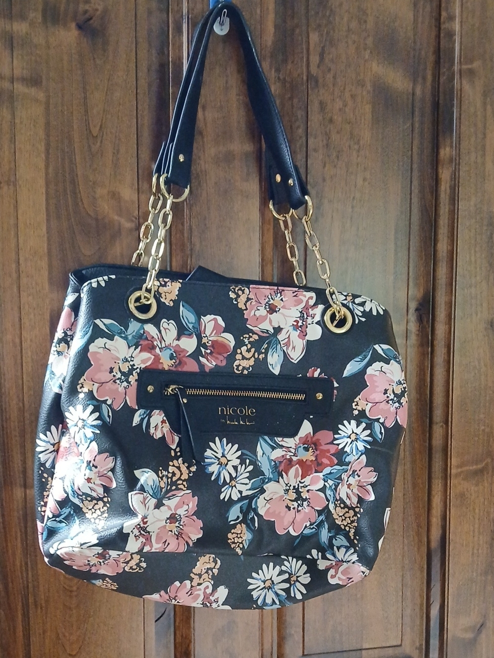 Nicole by Nicole Miller Black Floral Tote with Gold Chain Handles